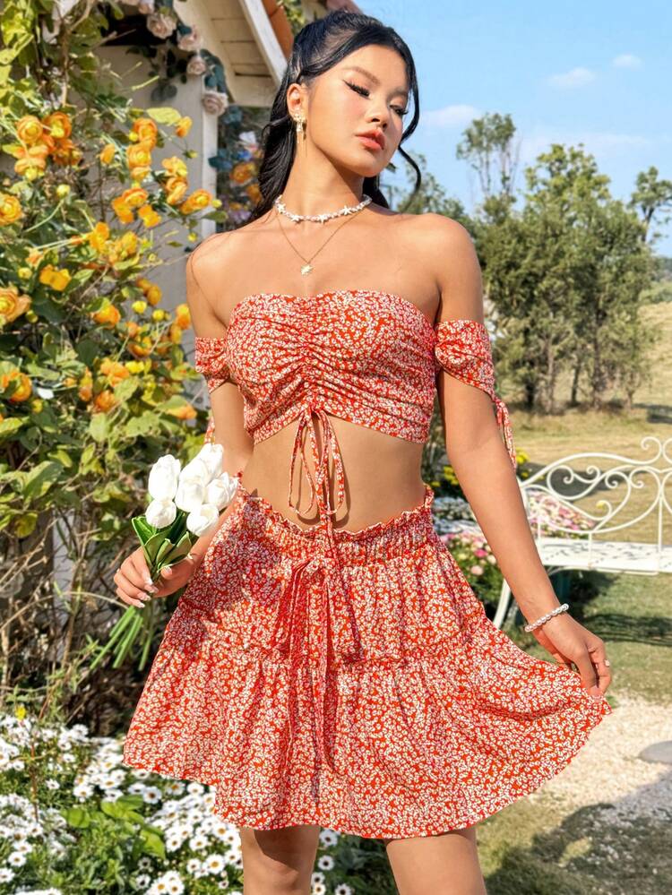 Floral Print Off Shoulder Top And Ruffle Hem Skirt Two Piece Set