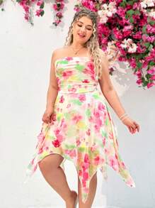 Dreamara Plus Size Floral Print Asymmetric Hem Strapless Dress