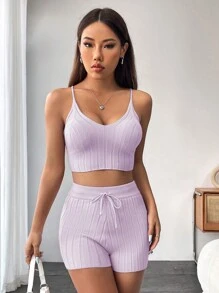 SHEIN Unity Solid Color Ribbed Knit Sweater Set - Pink - View 4