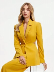 BizChic Của phụ nữ Màu thuần Ngực đơn Dài Áo vest Bộ đồ - Màu vàng - Xem 1