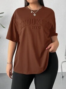 SHEIN EZwear 大尺碼女款圓領t恤,文字印花和浮雕效果 - 咖啡棕 - 查看 5