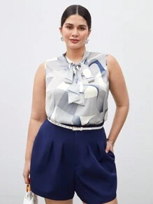 BizChic Plus Size Sleeveless Striped Print Tie-Neck Blouse - Blue - View 4