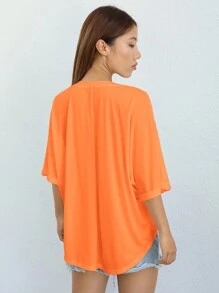 SHEIN EZwear Áo thun dệt kim viền bất đối xứng dành cho nữ - trái cam - Xem 2