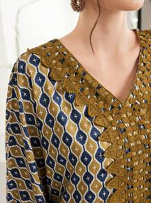 Al Najma Elegant Full Print Spliced Lace Trumpet Sleeves Long Dress, Spring/Summer, Modest Full Length Jalabiya, Casual Long Sleeve Dress, Kaftan