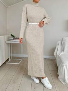 EURMUSE Women's Solid Ribbed Knit Stand Collar Sweater Dress - Beige - View 1