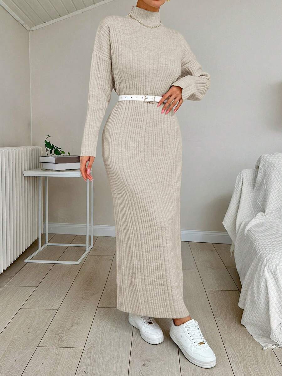 EURMUSE Women's Solid Ribbed Knit Stand Collar Sweater Dress - Beige - View 1