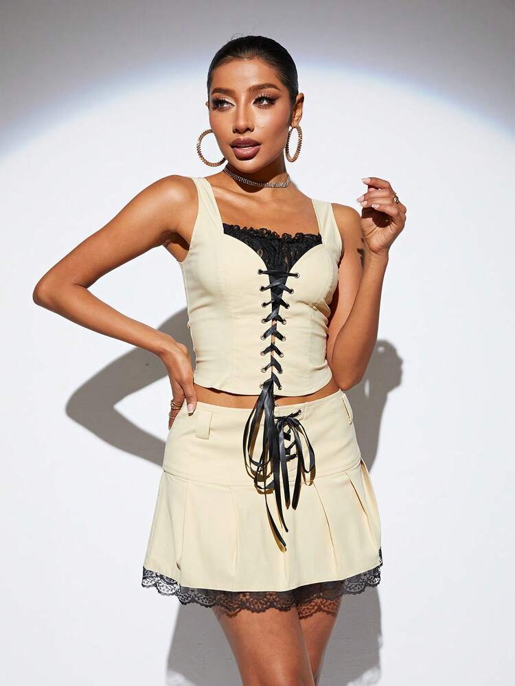 Contrast Color Lace Patchwork Cross Tie Two-Piece Set