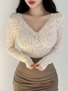 DAZY Women's Solid Color Lace Top With Scalloped Hem Going Out Tops Long Sleeve Women Tops - Beige - View 6