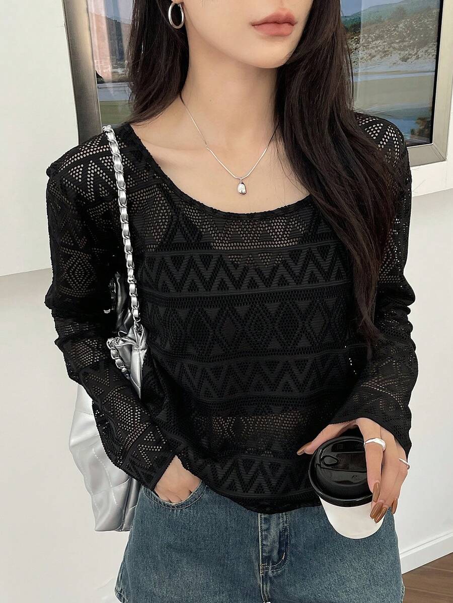DAZY 女性幾何網眼長袖上衣 - 黑色 - 查看 1