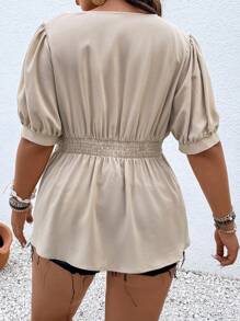 SHEIN LUNE 加大泡泡袖褶皱细节衬衫荷叶边上衣 - 杏色 - 查看 2