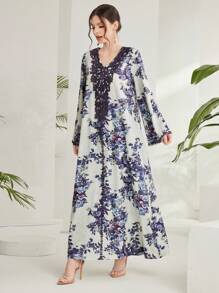 Al Najma Embroidery And Patchwork Flower Pattern Bell Sleeve Kaftan Modest Long Sleeve Arabian Dress