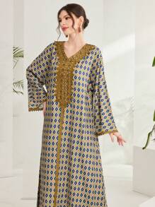 Al Najma Elegant Full Print Spliced Lace Trumpet Sleeves Long Dress, Spring/Summer, Modest Full Length Jalabiya, Casual Long Sleeve Dress, Kaftan