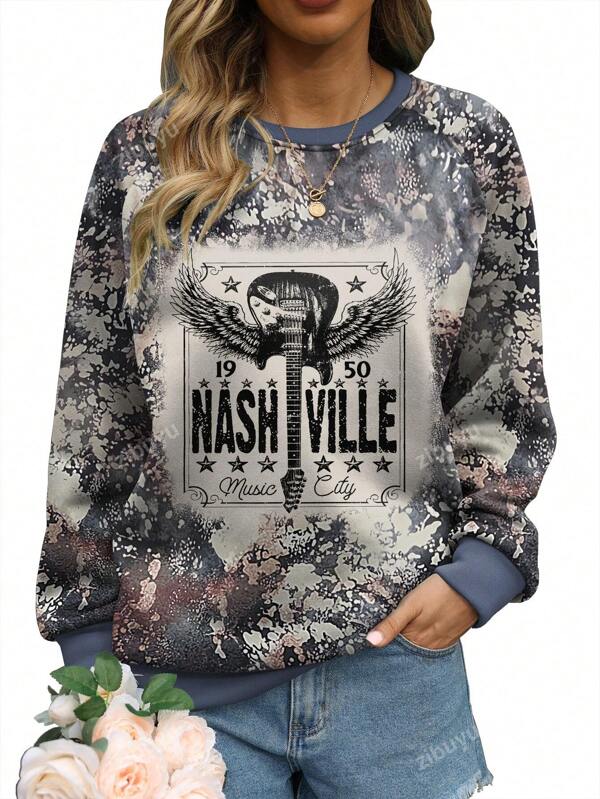 Plus Size Women Rock Guitar Print Raglan Sleeve Sweatshirt