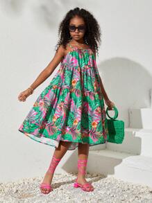 SHEIN Tween Girls' Casual Loose Fit Tropical Plant Printed Spaghetti Strap Dress, Spring/Summer - Hot Pink - View 6