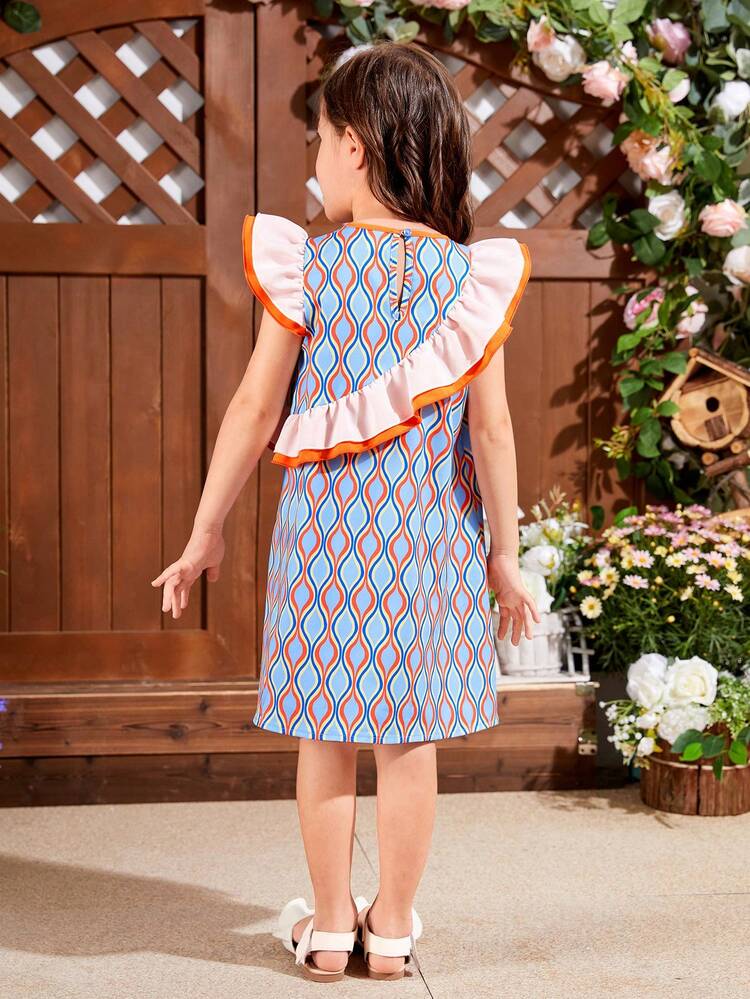 Young Girl's Woven Geometric Printed Round Neck Loose Casual Dress With Ruffle Hem