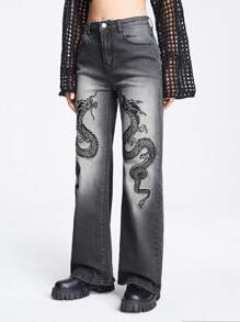 ROMWE Grunge Punk Của phụ nữ Rồng thêu Denim mùa giặt Denim Quần jean - màu đen - Xem 6