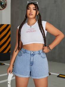 SHEIN EZwear Plus Size Women's Rolled Hem Denim Shorts