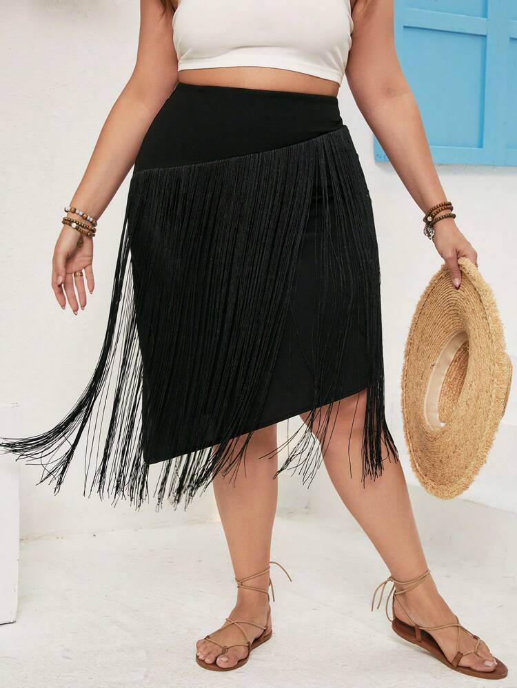 Plus Size Asymmetrical Patchwork Tassel Skirt For Vacation