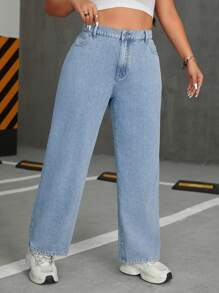 SHEIN ICON Plus Size Solid Color High Waisted Jeans - Light Wash - View 5