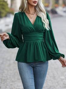 SHEIN Clasi Áo sơ mi peplum tay lỡ xếp ly cho nữ - màu xanh lá - Xem 4