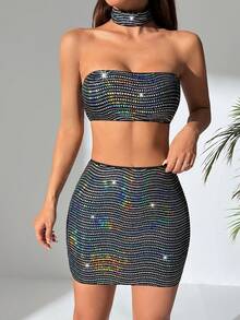 SHEIN PETITE Women's Sparkle Rhinestone Sexy Strapless Bustier Top And Skirt Set - Black - View 3