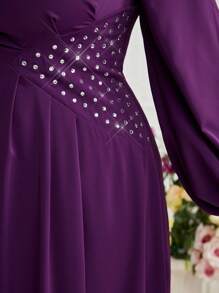Modelyn Plus Size Rhinestone Decor Pleated Waist Lantern Sleeve Dress Long Evening Dresses - Purple - View 7