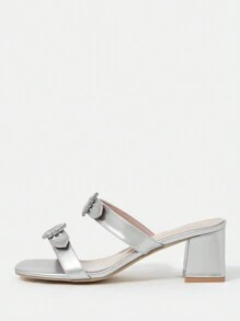 Women'S High Heeled Chunky Heel Sandals Decorated With Rhinestones - Silver - View 4