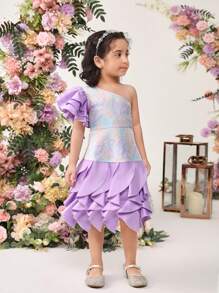 SHEIN Robe De Fille D'adolescent Lâche, Mignonne Et Vintage À Volants Obliques Et Épaules, Style De Palais - Prune - Voir 5