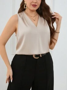 Firerie Plus Size Ruched Back Vest, V-Neck Long Loose Casual Commuting Minimalist Style, Khaki & Champagne - Champagne - View 7