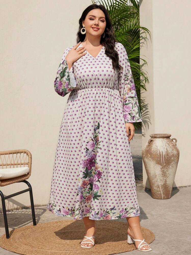 Plus Size Women's Arabic Style Printed Cinching Waist Dress