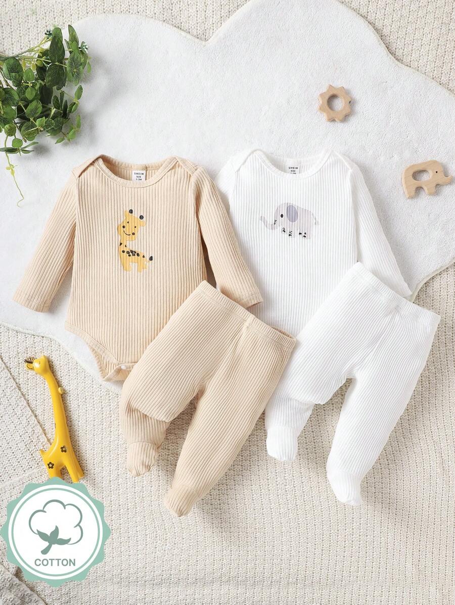 嬰兒男童長頸鹿和象子印花睡衣套裝 - 白色 - 查看 1