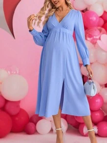 SHEIN Maternity V-Neckline Long Sleeve High Side Slit Hem Dress - Blue - View 3