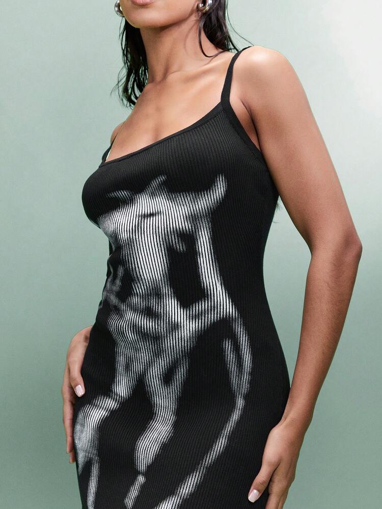 Women's Printed Knitted Bodycon Midi Dress Featuring Inkjet Human Body Pattern. Suitable For Spring Music Festivals, Parties, Daily Wear & Nightclubs.
