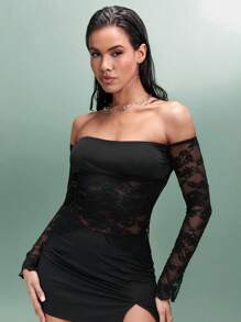 SHEIN BAE Của phụ nữ Đen Off Shoulder Ren Bán tuyệt đối Áo Với Cao Bên Khe Chặt Váy , Thích hợp Cho mùa xuân Và Giải trí Trang phục trên phố - màu đen - Xem 4