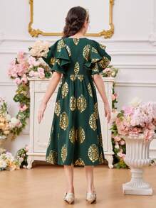 SHEIN Vestido Para Niñas Con Cuello Redondo Y Doble Capa De Manga Con Volantes Y Estampado Metálico