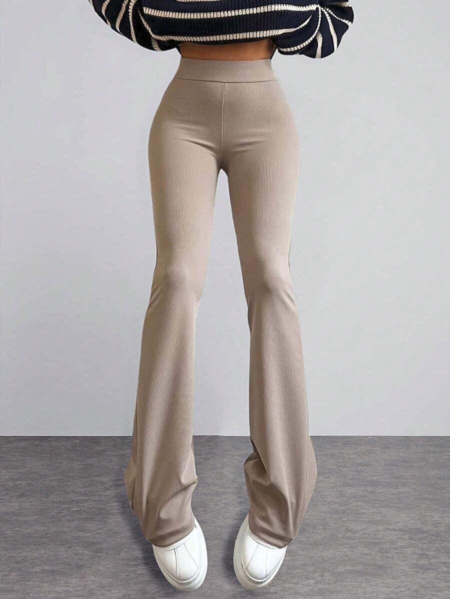 EURMUSE Solid High Waist Flare Leg Trousers - Apricot - View 1