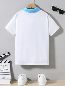 SHEIN Cậu bé Tween Lỏng lẻo Sọc Tương phản Khối màu Áo polo , Giải trí - Màu xanh nhạt - Xem 2