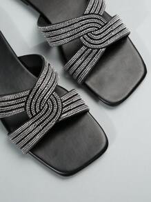 Mới Mùa hè/mùa thu Của phụ nữ Đen Dép đi trong nhà Đối với Ngoài trời Đồ đi biển Với Pha lê , Phong cách Pháp , Gót phẳng , Đế mềm - màu đen - Xem 8