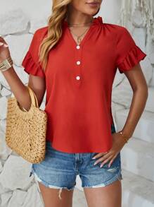 SHEIN LUNE Màu thuần Cổ áo có khía Tay áo xù Áo sơ mi - Đỏ - Xem 1