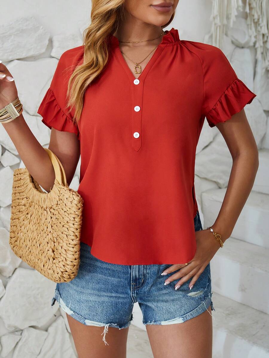 SHEIN LUNE Màu thuần Cổ áo có khía Tay áo xù Áo sơ mi - Đỏ - Xem 1