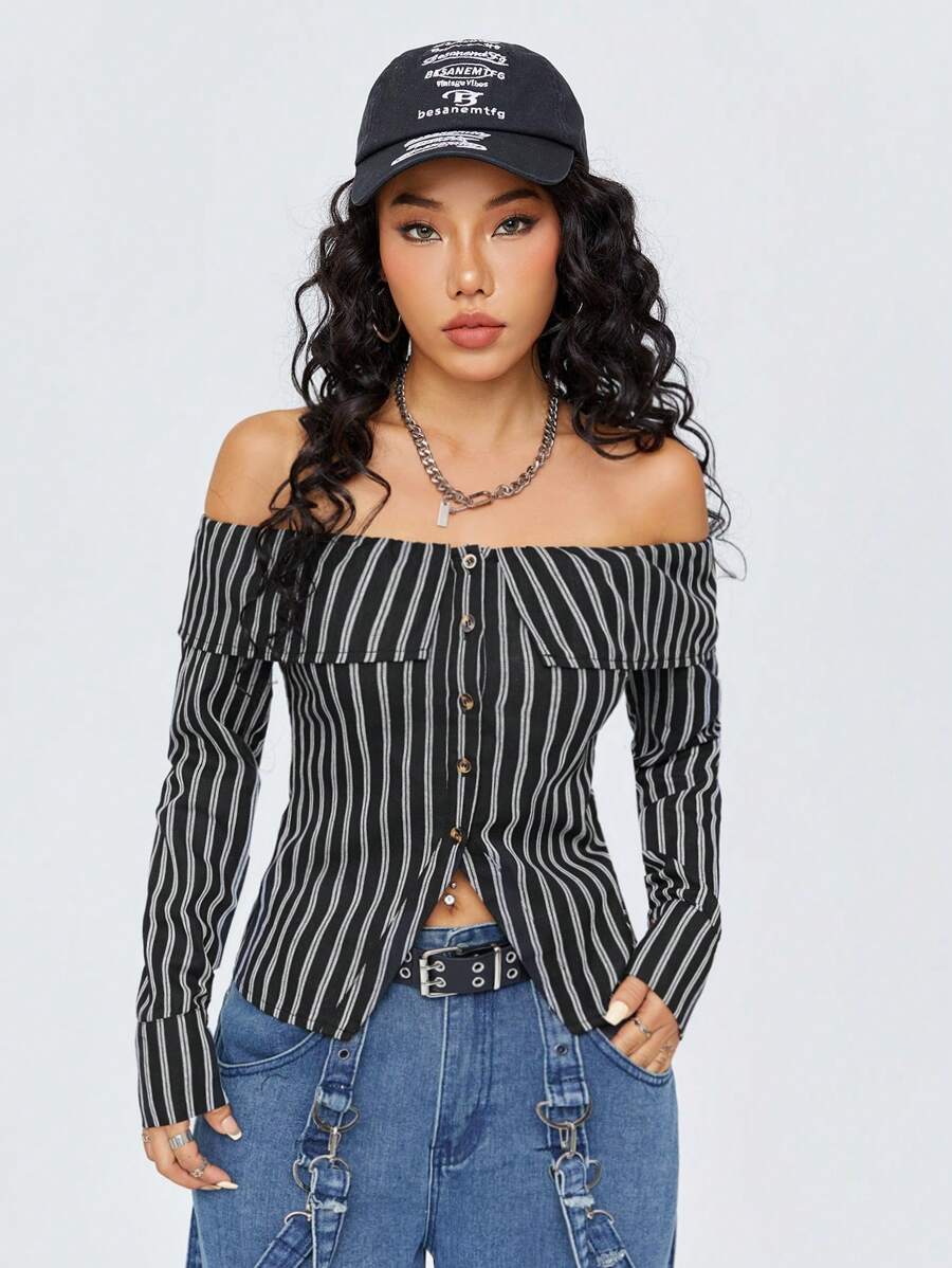SHEIN EZwear Off Shoulder Sọc Của phụ nữ Áo sơ mi - màu đen - Xem 1
