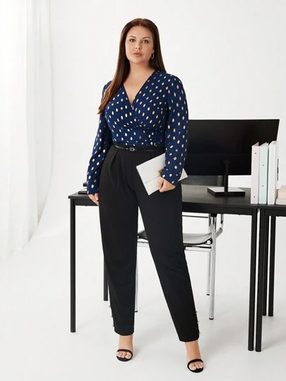 BizChic Plus Size Women's Long Sleeve Shirt With Gold Polka Dot Pattern