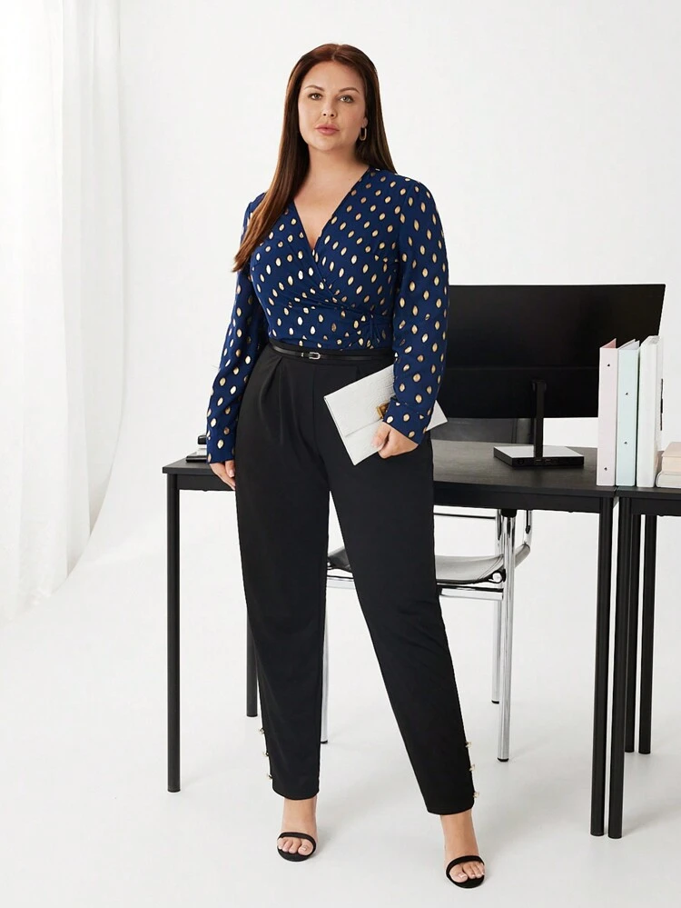 Plus Size Women's Long Sleeve Shirt With Gold Polka Dot Pattern