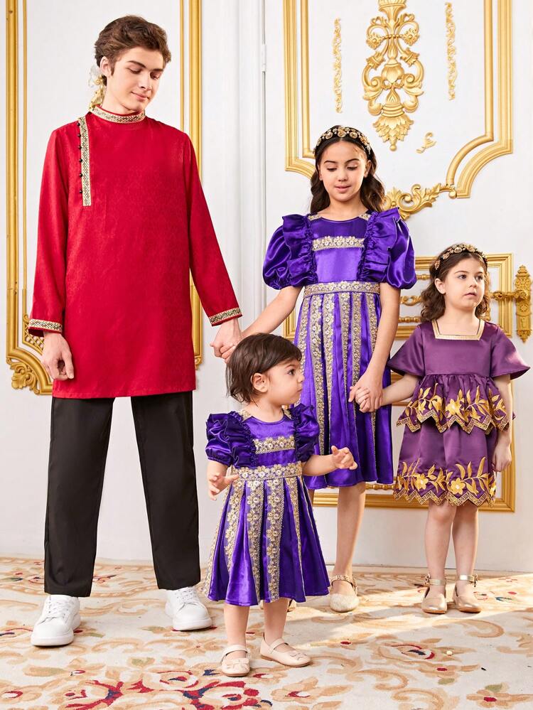 Tween Girls' Ribbon Detailed Bubble Sleeves Ruffled Hem Dress