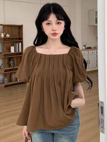 DAZY Của phụ nữ Màu thuần Xếp li Lỏng lẻo Áo sơ mi - màu nâu - Xem 4