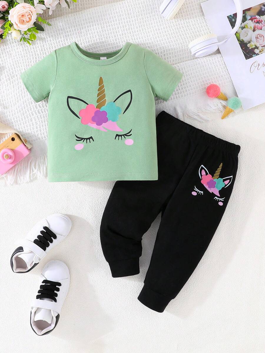 Baby Girl 2pcs Simple Casual Unicorn Printed Short Sleeve T-Shirt And Long Pants Combo Set For Spring/Summer - Multicolor - View 1