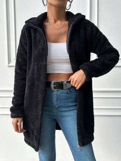 EURMUSE Solid Zip Up Teddy Jacket