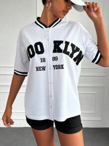 EURMUSE Letter Graphic Striped Trim Baseball Collar Tee - White - View 5