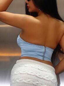 SHEIN SXY Women's Denim Bandeau Top With Frill Detail - Blue - View 2