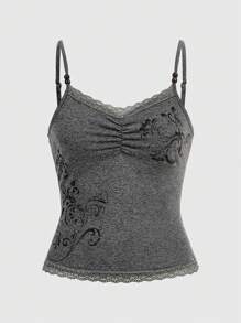 ROMWE Fairycore Của phụ nữ Ren Cắt tỉa Áo ba lỗ Áo ba lỗ - Xám - Xem 1